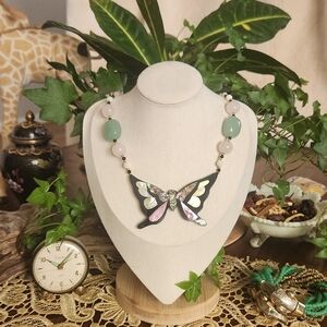 Lee Sands Vintage Inlay Elegant Butterfly Necklace with Pink and Green Accents